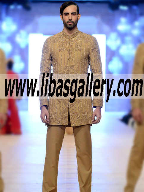 golden wedding sherwani short length indo western style by hsy deisgner pakistan uk usa australia golden wedding sherwani short length indo western style by hsy deisgner pakistan uk usa australia